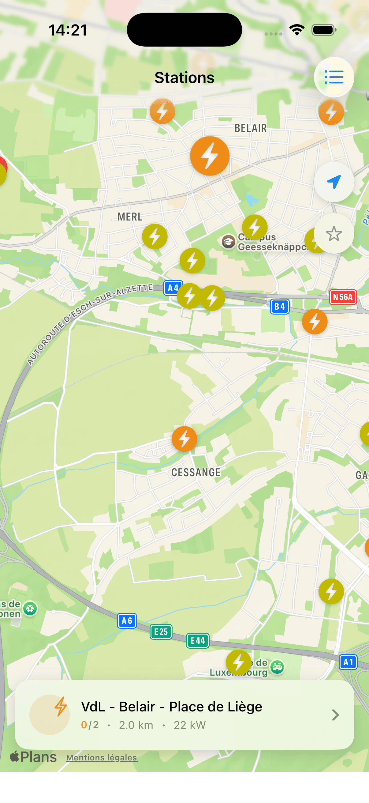 Real-time map view of Chargy charging stations with live availability